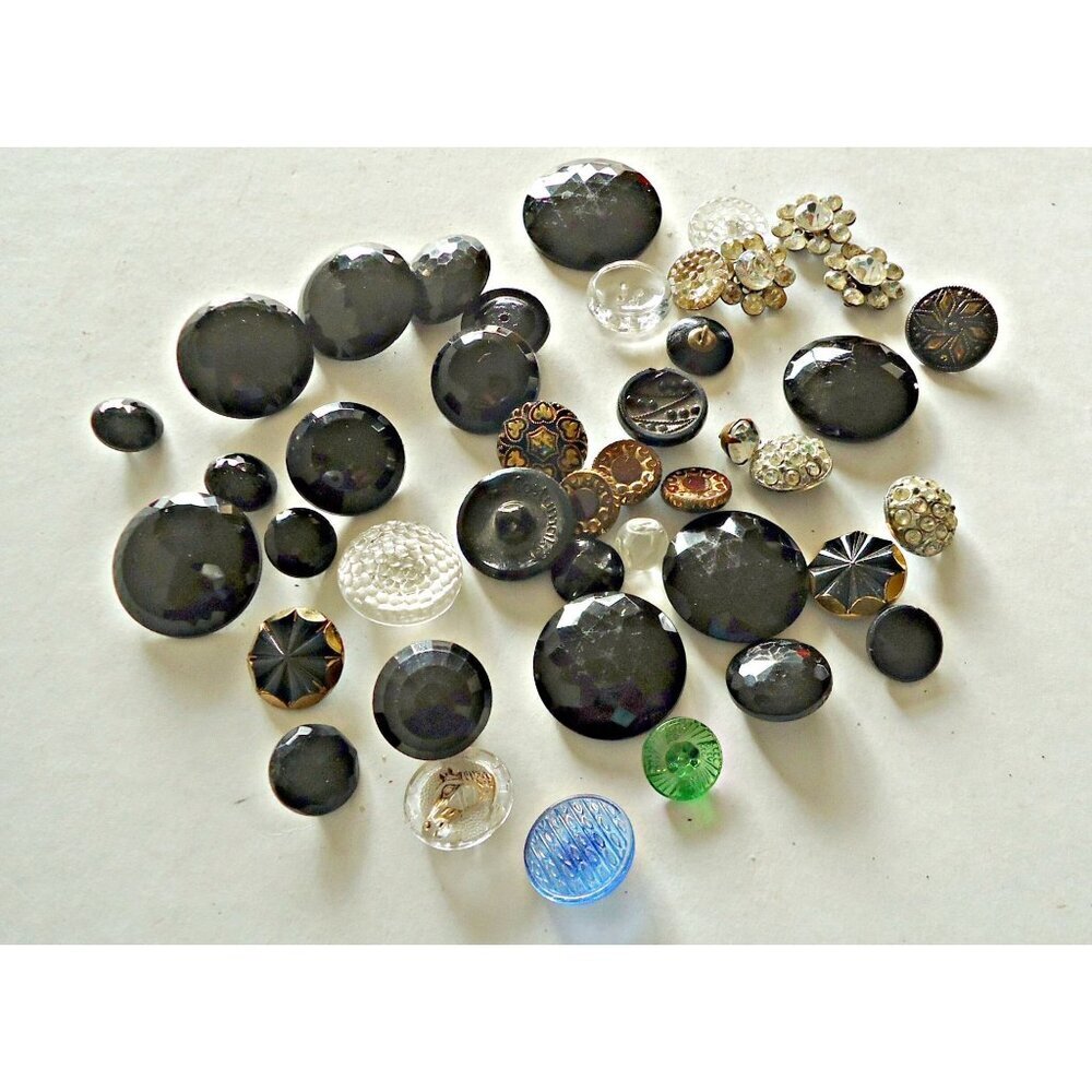 42 Vintage Glass Buttons & Rhinestone Buttons Collection Jet Black